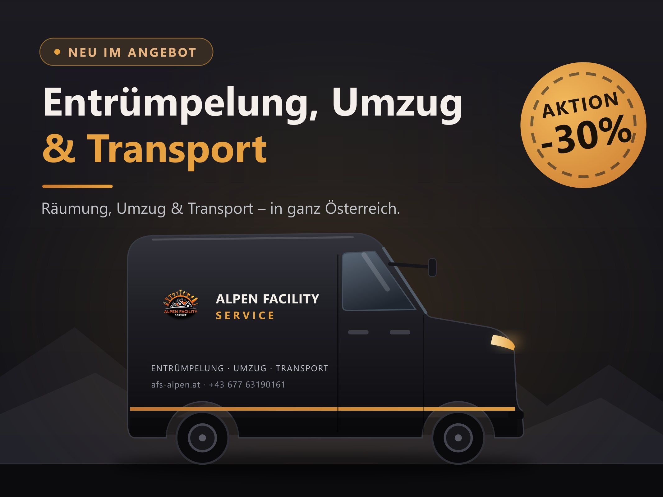 Entrümpelung, Umzug und Transport Aktion -30% – großer Transporter von Alpen Facility Service